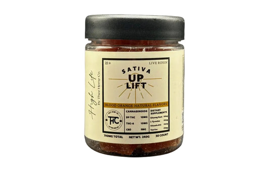 Jar of 'Sativa Up Lift' with a black lid on a white background